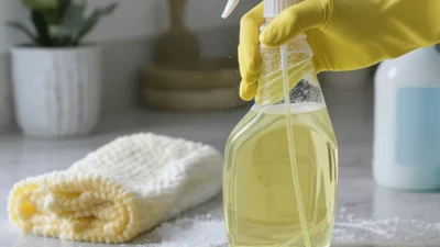 Woman wiping a streaky kitchen counter with a cloth, showing cleaning product residue.