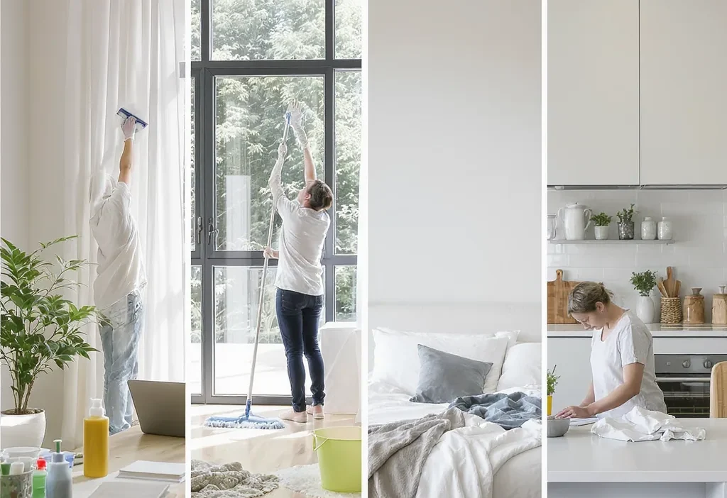 Illustration comparing top-to-bottom and room-by-room cleaning methods with a house diagram.