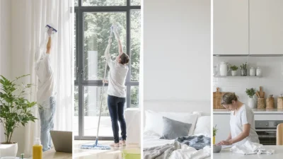 Illustration comparing top-to-bottom and room-by-room cleaning methods with a house diagram.