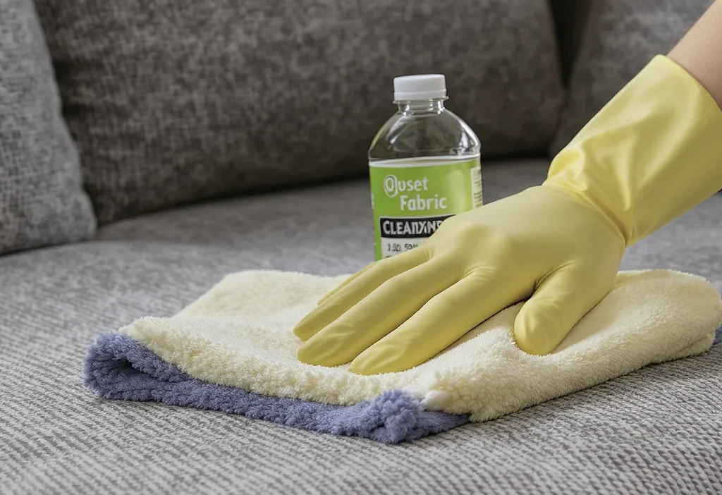 A person spot testing upholstery fabric cleaning solution on a hidden corner of a sofa cushion.