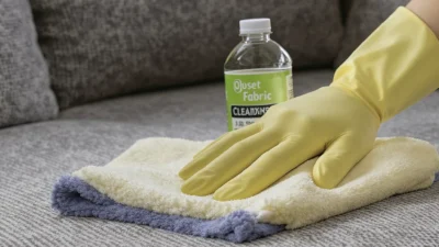 A person spot testing upholstery fabric cleaning solution on a hidden corner of a sofa cushion.